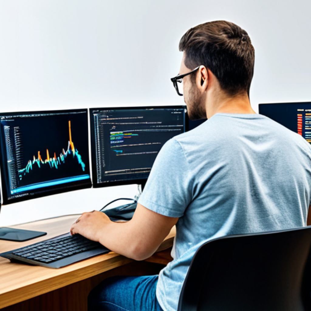 AI Developer at Work**
A professional software engineer, fully clothed in casual office attire (jeans and a comfortable t-shirt), working on a laptop in a bright, modern office. The screen displays Python code with TensorFlow or PyTorch libraries. Multiple monitors display data visualizations. Background: Open office space with colleagues collaborating. Safe for work, appropriate content, professional, perfect anatomy, correct proportions, natural pose, well-formed hands, proper finger count.
**