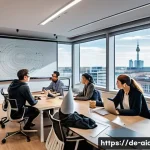 인공지능 개발자 취업 준비 - A modern office setting in Berlin with a diverse group of AI developers collaborating around a large...