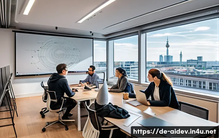 인공지능 개발자 취업 준비 - A modern office setting in Berlin with a diverse group of AI developers collaborating around a large...