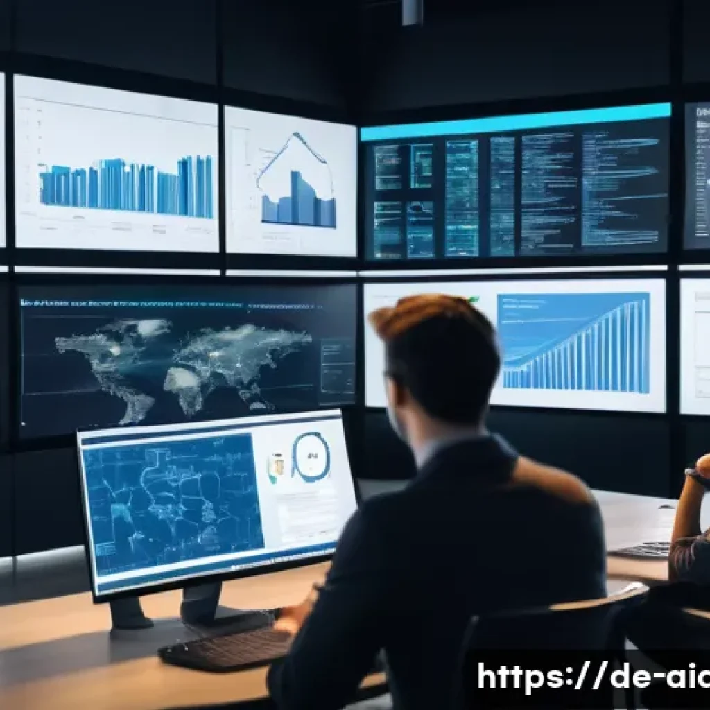 AI 개발자 직무 분류 - A modern office environment showcasing a diverse team of AI professionals collaborating on a machine...