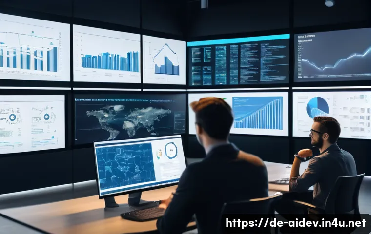 AI 개발자 직무 분류 - A modern office environment showcasing a diverse team of AI professionals collaborating on a machine...