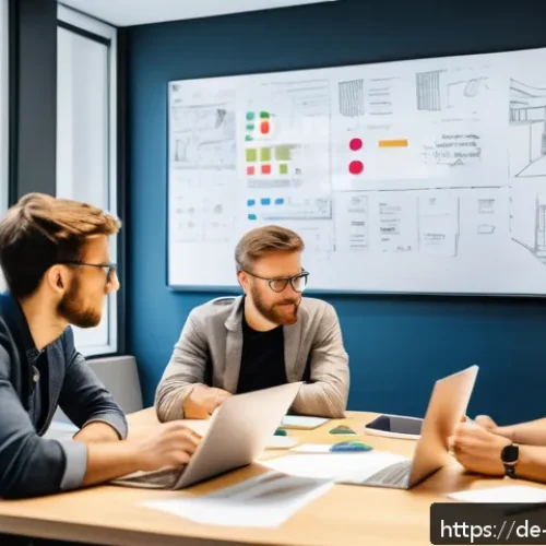 AI 개발 업무 프로세스 - A modern German office environment with a diverse, interdisciplinary AI project team gathered around...