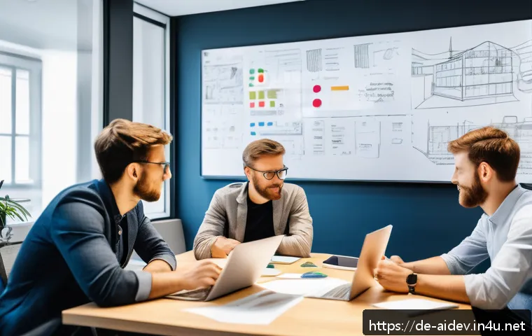 AI 개발 업무 프로세스 - A modern German office environment with a diverse, interdisciplinary AI project team gathered around...